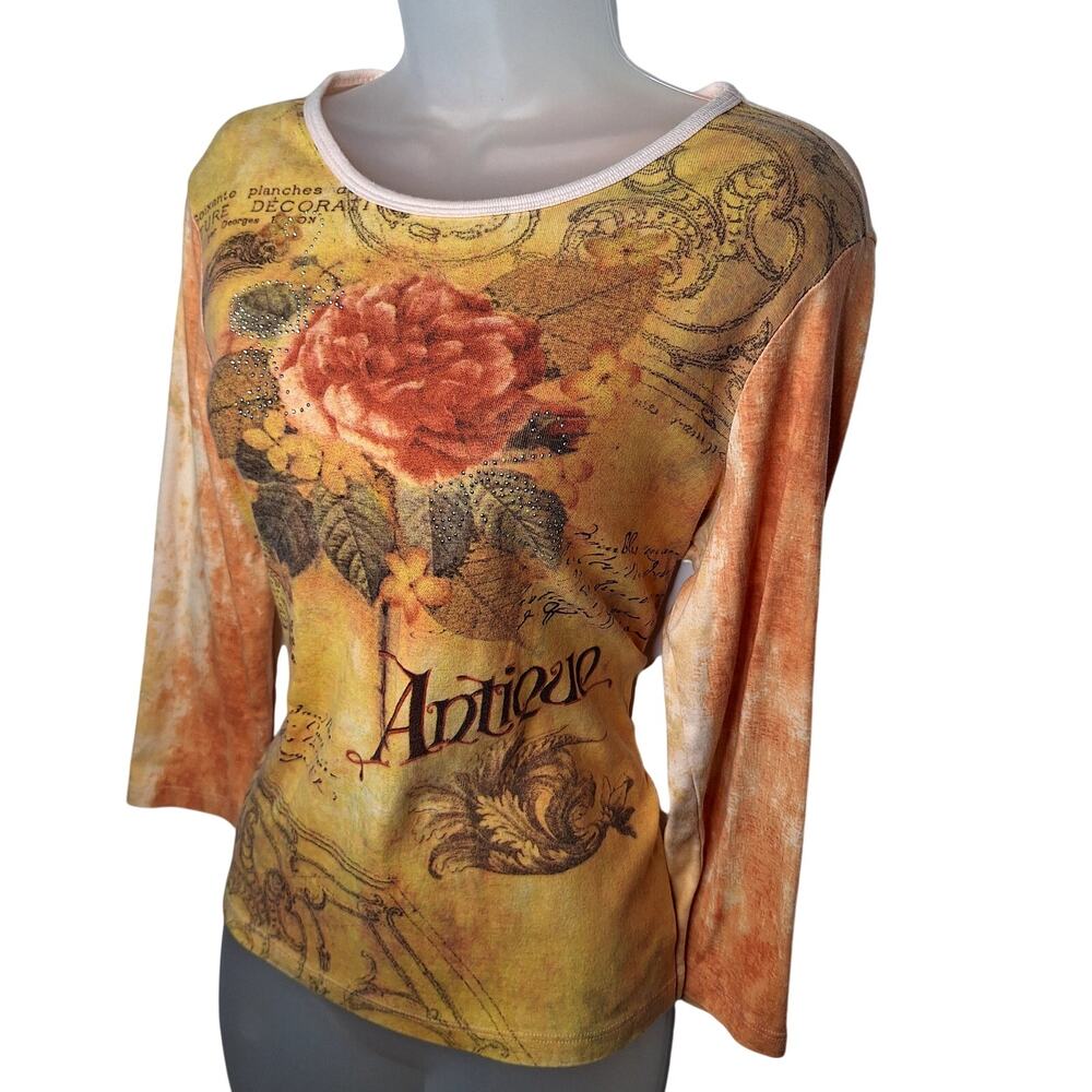 Vintage Y2K Tee Top Long Top Fairy Grunge Mori Kei M Forest Roses Bling Antique